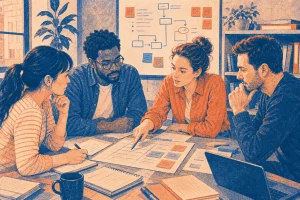 Four people sitting around a table in an office discussing papers and notes in front of them