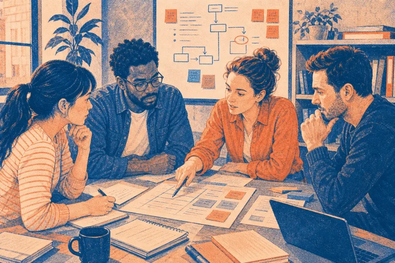 Four people sitting around a table in an office discussing papers and notes in front of them