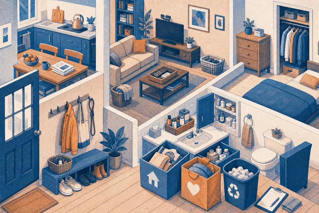 Neatly organized small home interior with kitchen, living room, bedroom, bathroom, coat hooks, and recycling bins