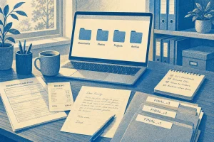 Organized desk with laptop showing four folder icons, documents, checklist notepad, and labeled file folders