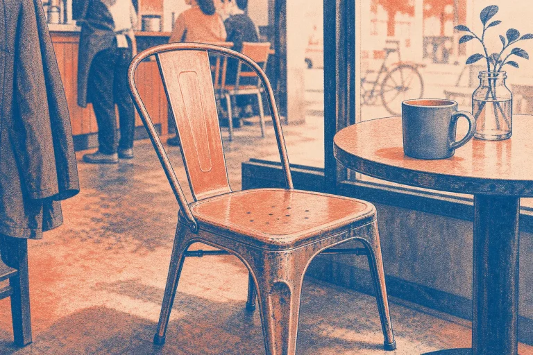 Rustic metal chair next to round wooden table with coffee cup and small plant inside cozy cafe